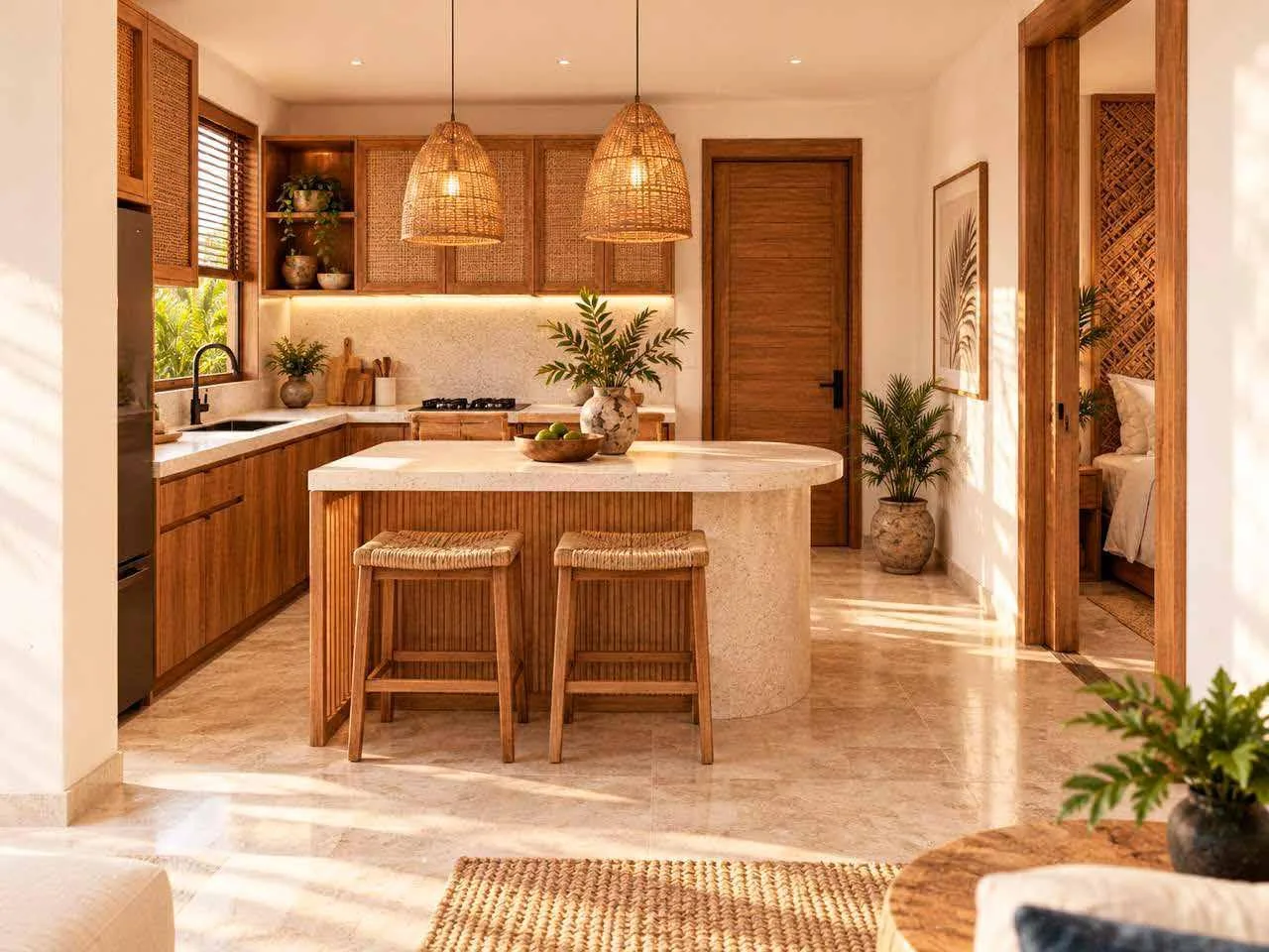 Rendering of the kitchen with a terrazzo island